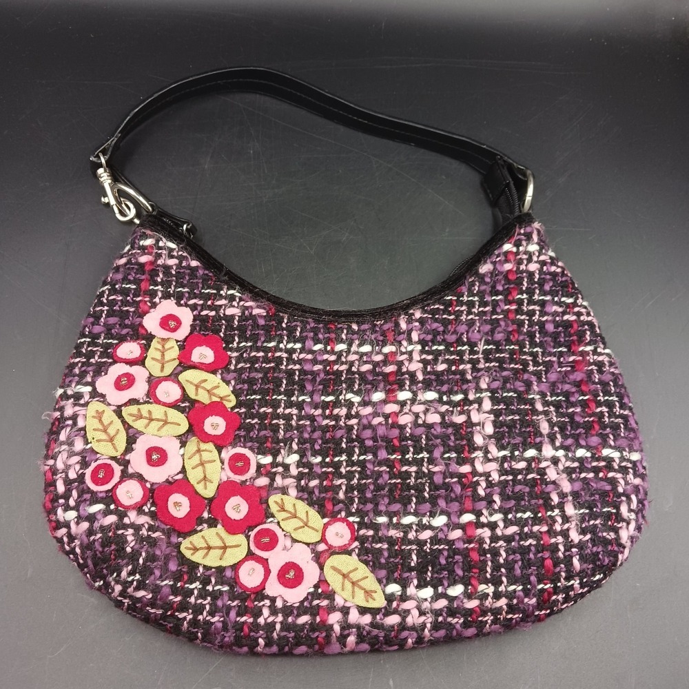 Vintage 90s Y2K Minicci knit & floral applique shoulder bag. Pink, purple, black